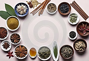 Assortment of traditional Chinese herbal medicines with blank copy space, traditional medicine, herbal medicine,