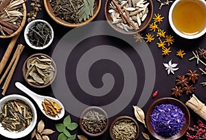 Assortment of traditional Chinese herbal medicines with blank copy space, traditional medicine, herbal medicine,