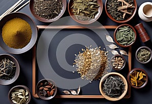 Assortment of traditional Chinese herbal medicines with blank copy space, traditional medicine, herbal medicine,