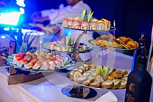 Assortment of traditional japanese sushi, soy sauce, gari pink ginger,