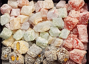 Assortment of Turkish delight with different flavors.