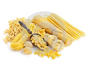 Assortment of uncooked pasta on white