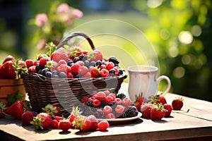 Assortment of various berries , arranged on a rustic wooden table. The composition evokes a sense of freshness and abundance, with