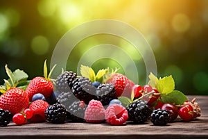 Assortment of various berries , arranged on a rustic wooden table. The composition evokes a sense of freshness and abundance, with