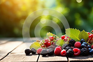 Assortment of various berries , arranged on a rustic wooden table. The composition evokes a sense of freshness and abundance, with