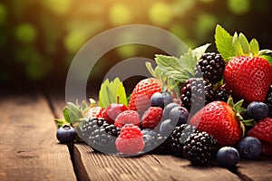 Assortment of various berries , arranged on a rustic wooden table. The composition evokes a sense of freshness and abundance, with