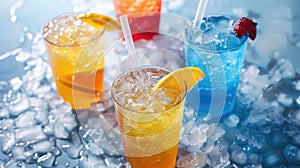Assortment of various beverages served in crushed ice, creating a refreshing and visually appealing display. Ai Generated