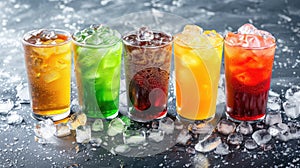 Assortment of various beverages served in crushed ice, creating a refreshing and visually appealing display. Ai Generated