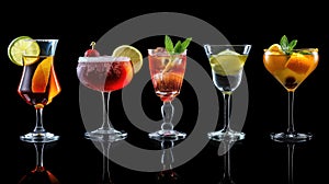 Assortment of various cocktails presented on a sleek black background, offering a sophisticated display. Ai Generated