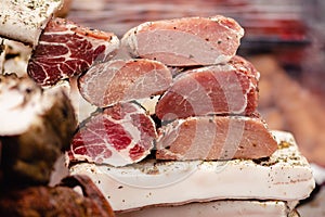 Assortment of various meat, smoked sausages, lard, bacon and salami