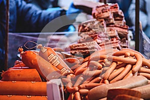 Assortment of various meat, smoked sausages, lard, bacon and salami