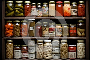 Assortment of various preserved pickled vegetables and canned goods on display shelf