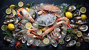 Assortment of various raw seafood, shrimp, crab, oysters, mussels, ice, on a dark background