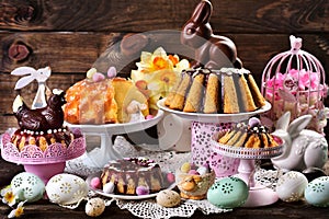 Assortment of various ring cakes for easter on festive table