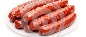 Sausages like Cervelat, Knackwurst, and Bockwurst on a white plate photo
