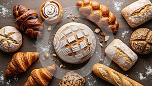 An assortment of various types of bread and pastries on a wooden surface