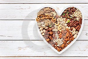 Assortment of various nuts in a heart shaped plate