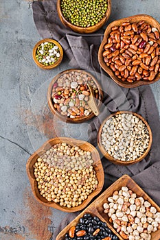 Assortment of vegan protein source food, legumes, lentils, chickpeas, beans