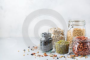 Assortment of vegan protein source food, legumes, lentils, chickpeas, beans