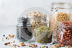 Assortment of vegan protein source food, legumes, lentils, chickpeas, beans photo