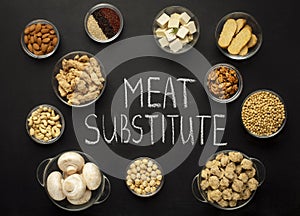 Assortment of vegan protein sources on chalkboard