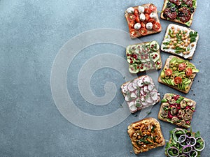 Assortment vegan sandwiches on gray stone background