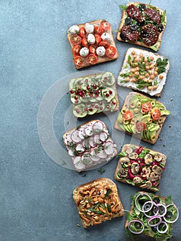 Assortment vegan sandwiches on gray stone background