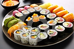 an assortment of vegetarian sushi on a ceramic plate