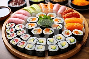 an assortment of vegetarian sushi on a ceramic plate