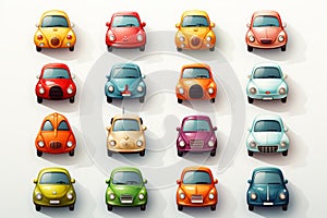 Assortment of vibrant and colorful toy car icons on a clean white background available for purchase photo