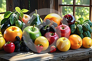 Assortment of vibrant fresh fruits and vegetables, dew-covered and bathed in natural sunlight, arranged attractively
