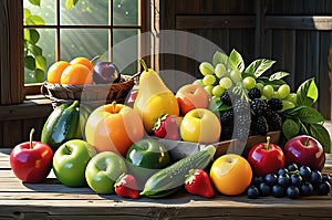 Assortment of vibrant fresh fruits and vegetables, dew-covered and bathed in natural sunlight, arranged attractively
