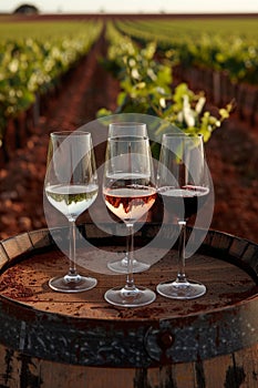 Assortment of white, rose, and red wines displayed on wooden barrel in picturesque vineyard setting