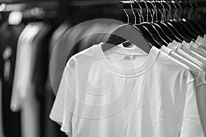 Assortment of white t-shirts on hangers in a clothing store