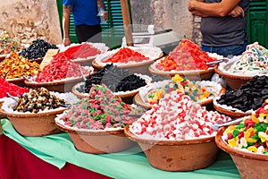 An assortment of wine gums for sale on Porreres Market. Porreres, Majorca, Spain photo