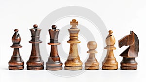 An assortment of wooden chess pieces displayed on a white surface