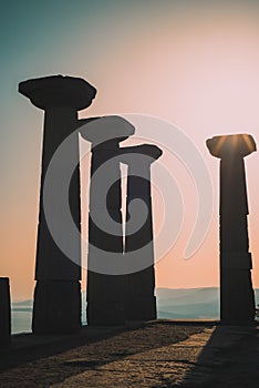 Assos Ancient City. Doric column Temple of Athena at sunset. Behramkale, Canakkale, Turkey