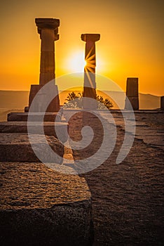 Assos Ancient City. Doric column Temple of Athena at sunset. Selective Focus. Behramkale, Canakkale, Turkey