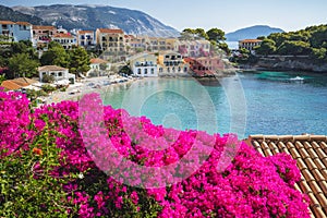 Assos on Cephalonia Kefalonia Ionian island in Greece. Vivid pink flower in foreground. Summer travel vacation