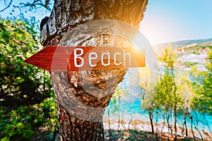 Assos village in morning sun beam light, Kefalonia. Greece. Beach wooden arrow sign on a pine tree showing direction to