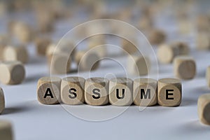 Assume - cube with letters, sign with wooden cubes