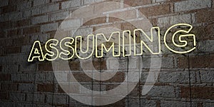 ASSUMING - Glowing Neon Sign on stonework wall - 3D rendered royalty free stock illustration photo
