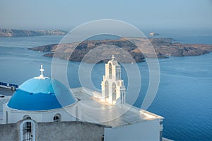 Assumption of the Blessed Virgin Mary church overlooking Nea Kameni island in Greece