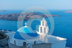 Assumption of the Blessed Virgin Mary church overlooking Nea Kameni island in Greece