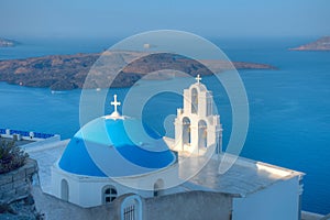 Assumption of the Blessed Virgin Mary church overlooking Nea Kameni island in Greece