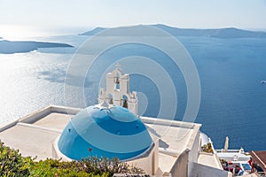 Assumption of the Blessed Virgin Mary church overlooking Nea Kameni island in Greece