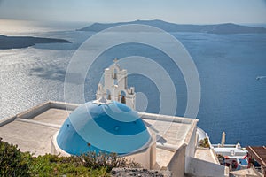 Assumption of the Blessed Virgin Mary church overlooking Nea Kameni island in Greece
