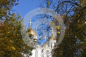 Assumption cathedral.The ancient Orthodox Church stands on the high Bank of the Klyazma river for more than 850 years photo