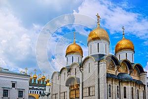 Assumption Cathedral and Cathedral of the Spas of the Holy Face - the Grand Kremlin Palace, Moscow, Russia in June 2019