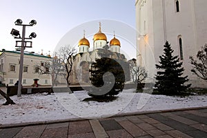 Assumption Cathedral was the site of coronation of Russian tsars at night. Cathedral Square, Inside of Moscow Kremlin, Russia.